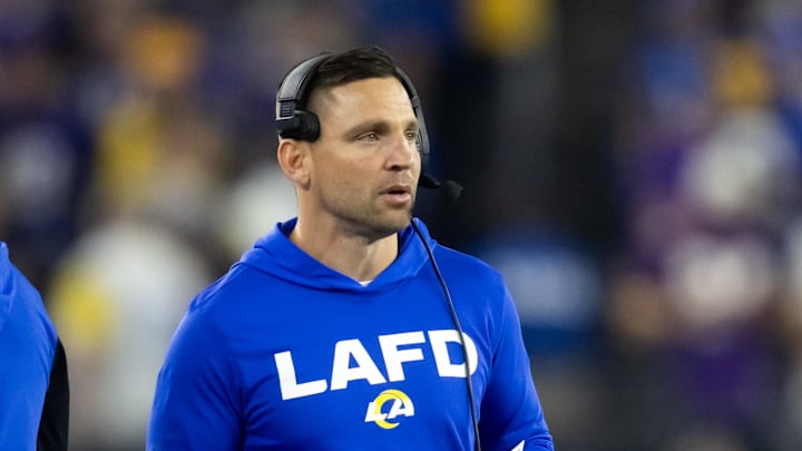 Jan 13, 2025; Glendale, AZ, USA; Los Angeles Rams defensive coordinator Chris Shula against the Minnesota Vikings during an NFC wild card game at State Farm Stadium. Mandatory Credit: Mark J. Rebilas-Imagn Images