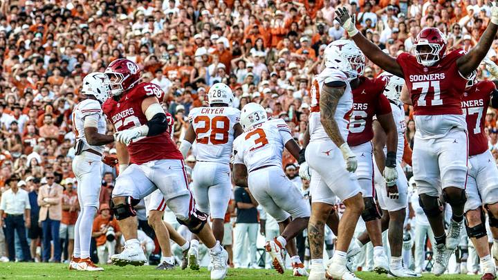 Oklahoma offensive linemen Noah Best and Peyton Joseph celebrate after Tate Sandell's game-winning field goal against Texas. Oklahoma offensive linemen Noah Best and Peyton Joseph celebrate after Tate Sandell's game-winning field goal against Texas.