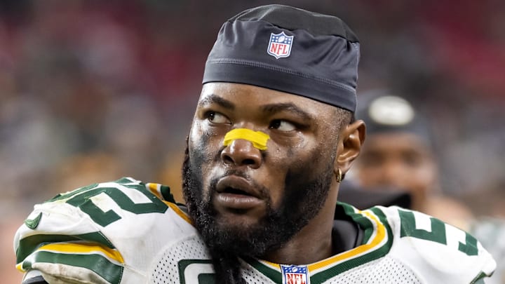 Green Bay Packers defensive lineman Rashan Gary is shown on the sideline against the Arizona Cardinals.