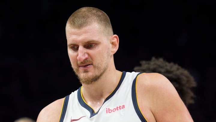 Apr 25, 2026; Minneapolis, Minnesota, USA; Denver Nuggets center Nikola Jokic (15) exits the floor after being ejected along with Minnesota Timberwolves forward Julius Randle as they both pick up double technical fouls in the fourth quarter at Target Center. Mandatory Credit: Matt Blewett-Imagn Images