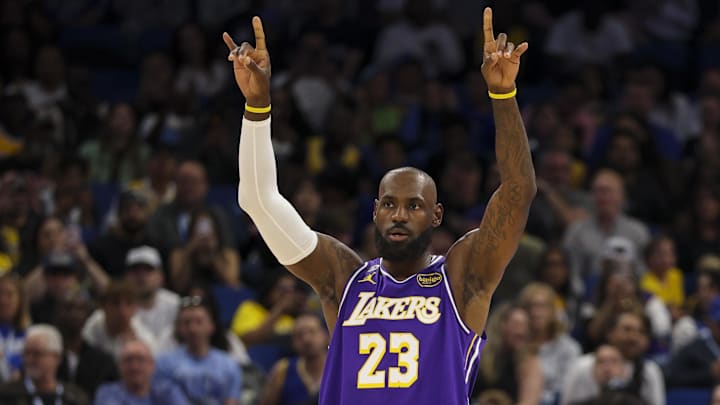 Mar 21, 2026; Orlando, Florida, USA; Los Angeles Lakers forward LeBron James (23) reacts after a play against the Orlando Magic in the first quarter at Kia Center. Mandatory Credit: Nathan Ray Seebeck-Imagn Images