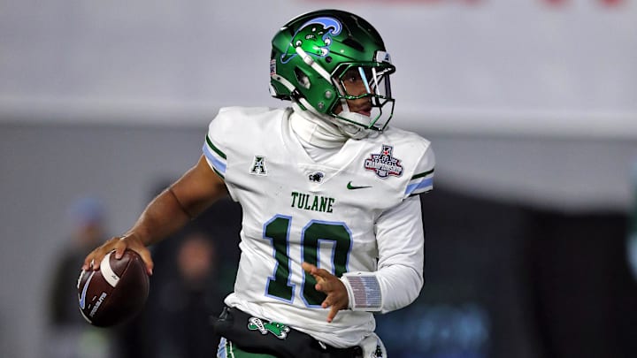 Dec 6, 2024; West Point, NY, USA; Tulane Green Wave quarterback Darian Mensah (10) looks to pass against the Army Black Knights during the second half at Michie Stadium.