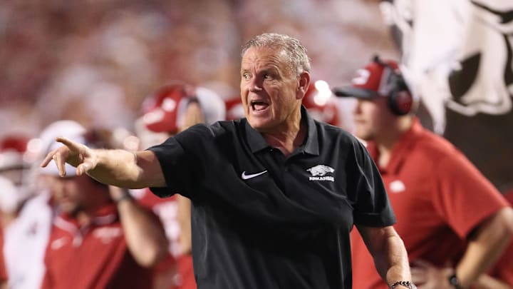 Oct 5, 2024; Fayetteville, Arkansas, USA; Arkansas Razorbacks head coach Sam Pittman during the second half against the Tennessee Volunteers at Donald W. Reynolds Razorback Stadium. Arkansas won 19-14. Mandatory Credit: Nelson Chenault-Imagn Images