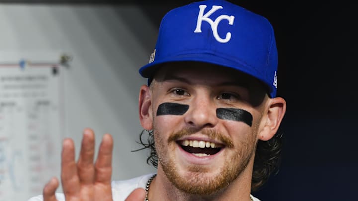 Oct 10, 2024; Kansas City, Missouri, USA; Kansas City Royals shortstop Bobby Witt Jr. (7) prior to game four of the ALDS for the 2024 MLB Playoffs at Kauffman Stadium. Mandatory Credit: Jay Biggerstaff-Imagn Images