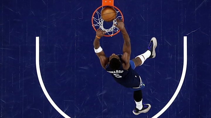 May 24, 2025; Minneapolis, Minnesota, USA; Minnesota Timberwolves guard Anthony Edwards (5) dunks the ball against the Oklahoma City Thunder during the second half in game three of the western conference finals for the 2025 NBA Playoffs at Target Center. Mandatory Credit: Bruce Kluckhohn-Imagn Images