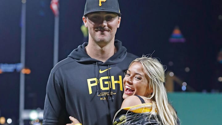 Pittsburgh Pirates starting pitcher Paul Skenes (30) poses with his girlfriend Louisiana State University gymnast Livvy Dunne. Pittsburgh Pirates starting pitcher Paul Skenes (30) poses with his girlfriend Louisiana State University gymnast Livvy Dunne.