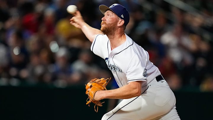 Columbus Clippers pitcher Bradley Hanner (36) pitches the ball during the game against the Buffalo Bisons at Huntington Park on Tuesday, July 22, 2025 in Columbus, Ohio. Columbus Clippers pitcher Bradley Hanner (36) pitches the ball during the game against the Buffalo Bisons at Huntington Park on Tuesday, July 22, 2025 in Columbus, Ohio.