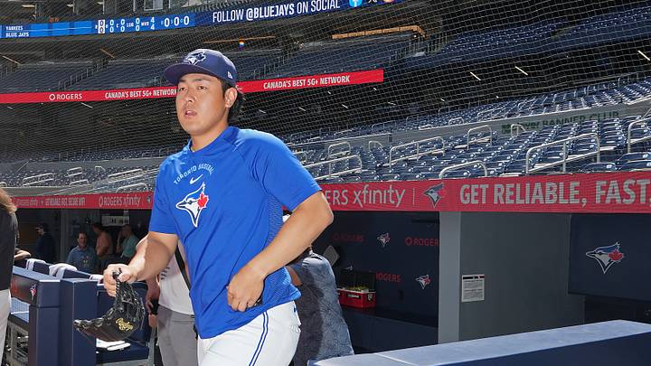 Aug 15, 2026; Toronto, Ontario, CAN; Toronto Blue Jays third baseman Kazuma Okamoto (7) walks out from the dugout during batting practice before a game against the New York Yankees at Rogers Centre. Mandatory Credit: Nick Turchiaro-Imagn Images