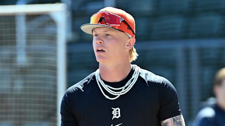 Feb 24, 2026; North Port, Florida, USA; Detroit Tigers left fielder Max Clark (84) exits the batting cage before the game against the Atlanta Braves during spring training at CoolToday Park. Mandatory Credit: Jonathan Dyer-Imagn Images