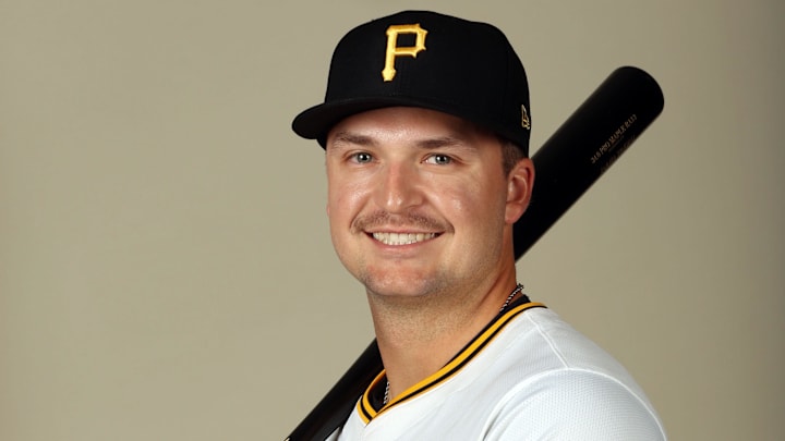 Feb 20, 2024; Bradenton, FL, USA; Pittsburgh Pirates outfielder Matt Gorski (76) poses for a photo during photo day at Pirate City. Mandatory Credit: Kim Klement Neitzel-Imagn Images