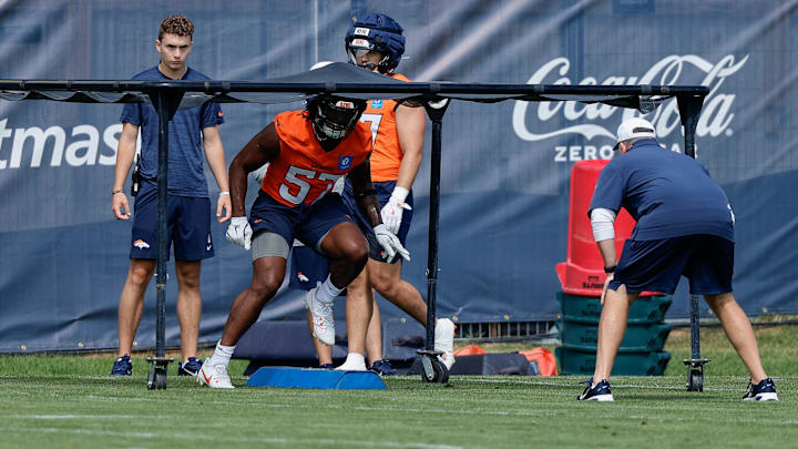 Jul 24, 2025; Englewood, CO, USA; Denver Broncos linebacker Dre Greenlaw (57) during Denver Broncos Training Camp. Mandatory Credit: Isaiah J. Downing-Imagn Images