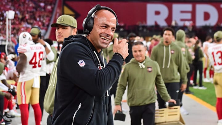 Nov 16, 2025; Glendale, Arizona, USA; San Francisco 49ers defensive coordinator Robert Saleh reacts after defeating the Arizona Cardinals at State Farm Stadium. Mandatory Credit: Matt Kartozian-Imagn Images