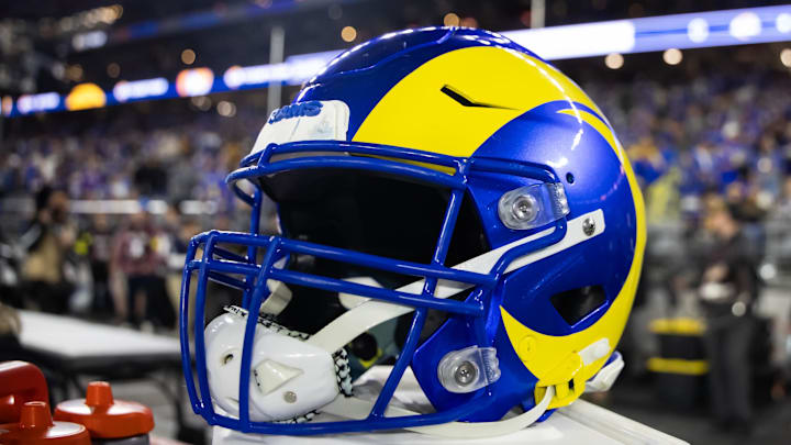 Jan 13, 2025; Glendale, AZ, USA; Detailed view of a Los Angeles Rams helmet during an NFC wild card game at State Farm Stadium. Mandatory Credit: Mark J. Rebilas-Imagn Images