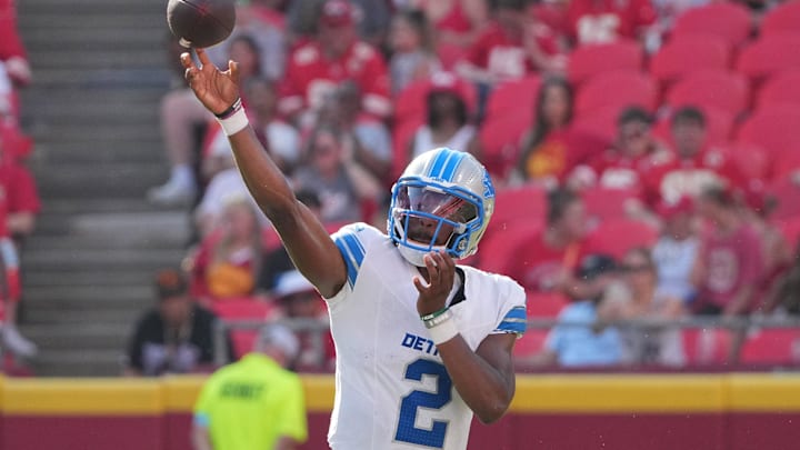 Aug 17, 2024; Kansas City, Missouri, USA; Detroit Lions quarterback Hendon Hooker (2) throws a pass against the Kansas City Chiefs during the game at GEHA Field at Arrowhead Stadium. Mandatory Credit: Denny Medley-Imagn Images Aug 17, 2024; Kansas City, Missouri, USA; Detroit Lions quarterback Hendon Hooker (2) throws a pass against the Kansas City Chiefs during the game at GEHA Field at Arrowhead Stadium. Mandatory Credit: Denny Medley-Imagn Images