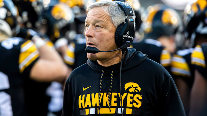 Iowa head coach Kirk Ferentz looks on during a NCAA Big Ten Conference football game against Nebraska, Friday, Nov. 25, 2022, at Kinnick Stadium in Iowa City, Iowa.