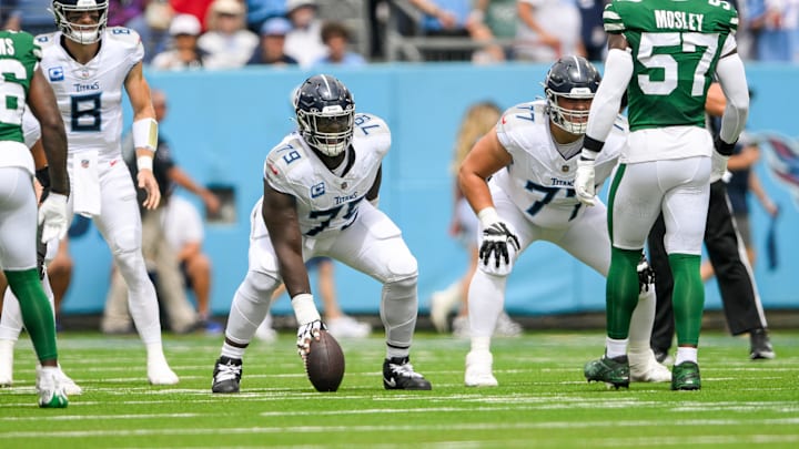 Sep 15, 2024; Nashville, Tennessee, USA;  Tennessee Titans center Lloyd Cushenberry III (79) in his stance against the New York Jets during the first half at Nissan Stadium. Mandatory Credit: Steve Roberts-Imagn Images