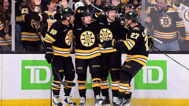 Sep 29, 2026; Boston, Massachusetts, USA; Boston Bruins forward JJ Peterka celebrates his goal with right wing David Pastrnak (88) defenseman Will Borgen (17) and defenseman Hampus Lindholm (27) during the third period against the New York Rangers at TD Garden. Mandatory Credit: Bob DeChiara-Imagn Images Sep 29, 2026; Boston, Massachusetts, USA; Boston Bruins forward JJ Peterka celebrates his goal with right wing David Pastrnak (88) defenseman Will Borgen (17) and defenseman Hampus Lindholm (27) during the third period against the New York Rangers at TD Garden. Mandatory Credit: Bob DeChiara-Imagn Images