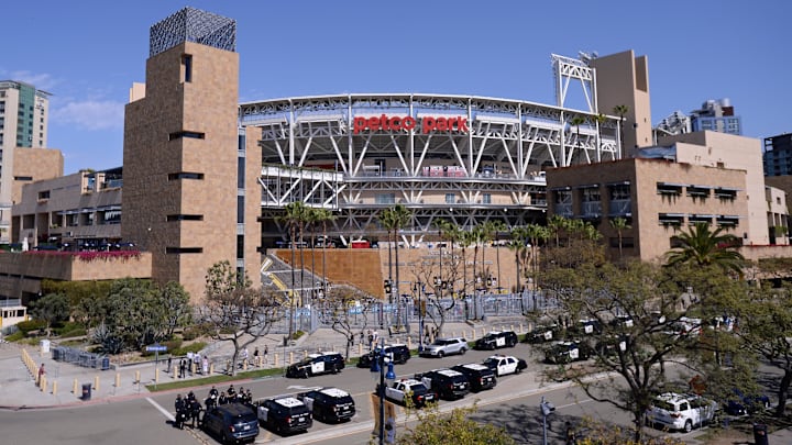 Apr 1, 2021; San Diego, California, USA; A general view of the exterior of Petco Park before the game between the Arizona Diamondbacks and San Diego Padres. Mandatory Credit: Orlando Ramirez-Imagn Images