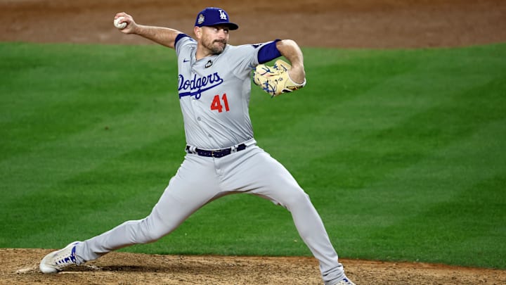 Los Angeles Dodgers pitcher Daniel Hudson (41) throws during the seventh inning against the New York Yankees in game three of the 2024 MLB World Series at Yankee Stadium. 