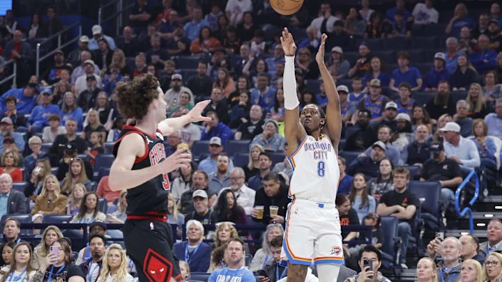 Mar 31, 2025; Oklahoma City, Oklahoma, USA; Oklahoma City Thunder forward Jalen Williams (8) shoots a three point basket against Chicago Bulls guard Josh Giddey (3) during the first quarter at Paycom Center. Mandatory Credit: Alonzo Adams-Imagn Images