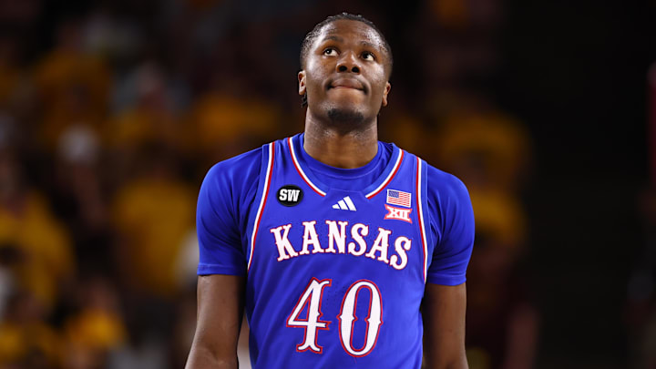 Mar 3, 2026; Tempe, Arizona, USA; Kansas Jayhawks forward Flory Bidunga (40) against the Arizona State Sun Devils at Desert Financial Arena. Mandatory Credit: Mark J. Rebilas-Imagn Images