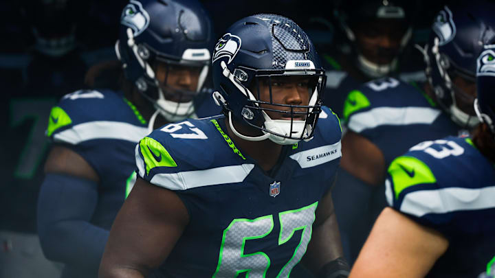 Nov 12, 2023; Seattle, Washington, USA; Seattle Seahawks offensive tackle Charles Cross (67) exits the locker room before a game against the Washington Commanders at Lumen Field. 