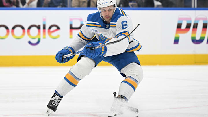 Nov 18, 2025; Toronto, Ontario, CAN;  St. Louis Blues defenseman Philip Broberg (6) skates against the Toronto Maple Leafs in the third period at Scotiabank Arena. Mandatory Credit: Dan Hamilton-Imagn Images