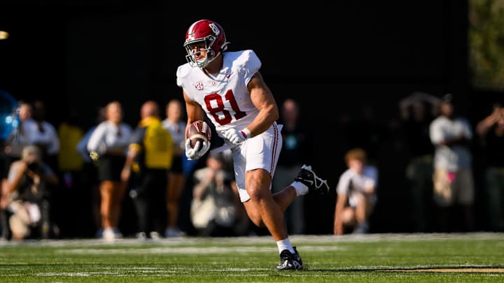 Oct 5, 2024; Nashville, Tennessee, USA;  Alabama Crimson Tide tight end CJ Dippre (81) runs the ball against the Vanderbilt Commodores during the first half at FirstBank Stadium. Mandatory Credit: Steve Roberts-Imagn Images