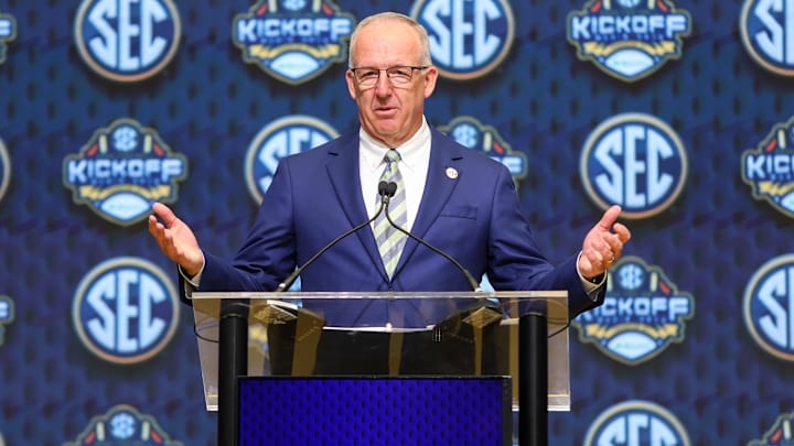 Jul 16, 2025; Atlanta, GA, USA; SEC commissioner Greg Sankey speaks to the media during the SEC Media Day at Omni Atlanta Hotel. Mandatory Credit: Jordan Godfree-Imagn Images Jul 16, 2025; Atlanta, GA, USA; SEC commissioner Greg Sankey speaks to the media during the SEC Media Day at Omni Atlanta Hotel. Mandatory Credit: Jordan Godfree-Imagn Images
