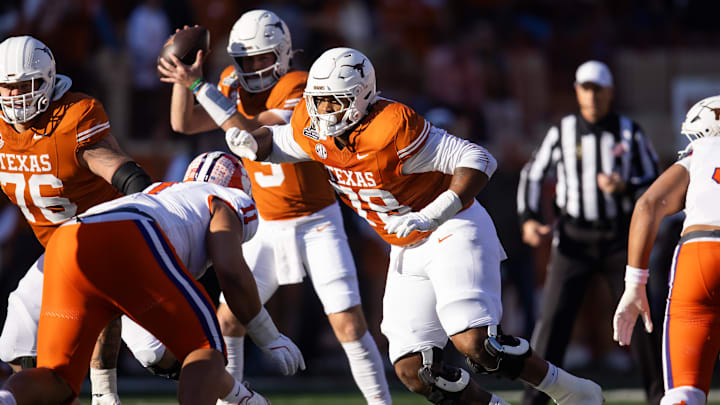 Dec 21, 2024; Austin, Texas, USA; Texas Longhorns offensive lineman Kelvin Banks Jr. (78) against the Clemson Tigers during the CFP National playoff first round at Darrell K Royal-Texas Memorial Stadium. Mandatory Credit: Mark J. Rebilas-Imagn Images Dec 21, 2024; Austin, Texas, USA; Texas Longhorns offensive lineman Kelvin Banks Jr. (78) against the Clemson Tigers during the CFP National playoff first round at Darrell K Royal-Texas Memorial Stadium. Mandatory Credit: Mark J. Rebilas-Imagn Images