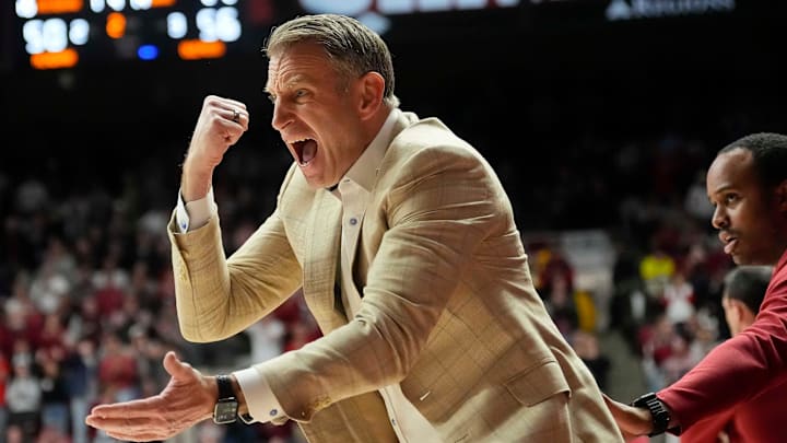 Jan 14, 2025; Tuscaloosa, AL, USA; Alabama head coach Nate Oats expresses his displeasure with the officials after a foul was not called at Coleman Coliseum. Ole Miss defeated Alabama 74-64. Mandatory Credit: Gary Cosby Jr.-Tuscaloosa News