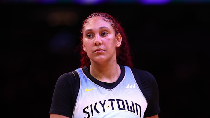 Aug 28, 2025; Phoenix, Arizona, USA; Chicago Sky center Kamilla Cardoso (10) against the Phoenix Mercury at Phx Arena. Mandatory Credit: Mark J. Rebilas-Imagn Images