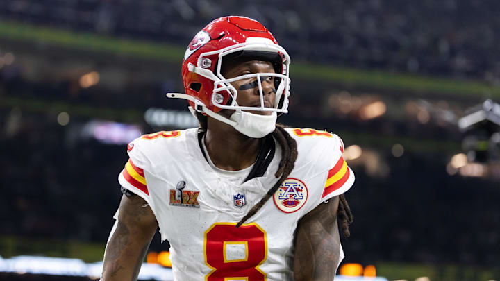 Feb 9, 2025; New Orleans, LA, USA;  Kansas City Chiefs wide receiver DeAndre Hopkins (8) against the Philadelphia Eagles in Super Bowl LIX at Ceasars Superdome. Mandatory Credit: Mark J. Rebilas-Imagn Images