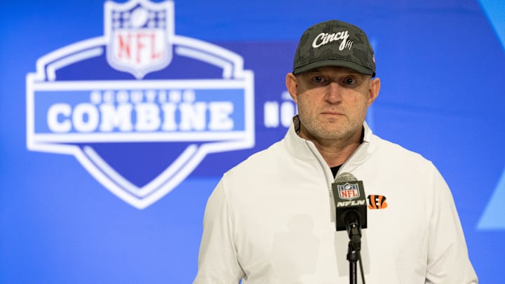 Feb 27, 2024; Indianapolis, IN, USA; Cincinnati Bengals director of player personnel Duke Tobin talks to the media at the 2024 NFL Combine at Indiana Convention Center. Mandatory Credit: Trevor Ruszkowski-Imagn Images
