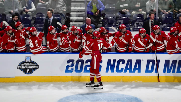 Simon Tassy celebrates with the Wisconsin bench after his first of two goals against Dartmouth.