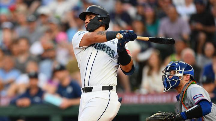 Jun 2, 2026; Seattle, Washington, USA; Seattle Mariners catcher Jhonny Pereda (5) hits a 3-run home run against the New York Mets during the fifth inning at T-Mobile Park. Mandatory Credit: Steven Bisig-Imagn Images