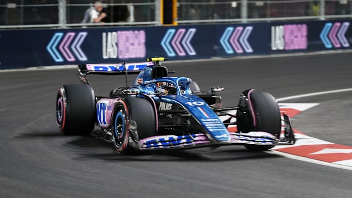 Nov 17, 2023; Las Vegas, Nevada, USA;   BWT Alpine F1 driver Pierre Gasly (10) of France drives