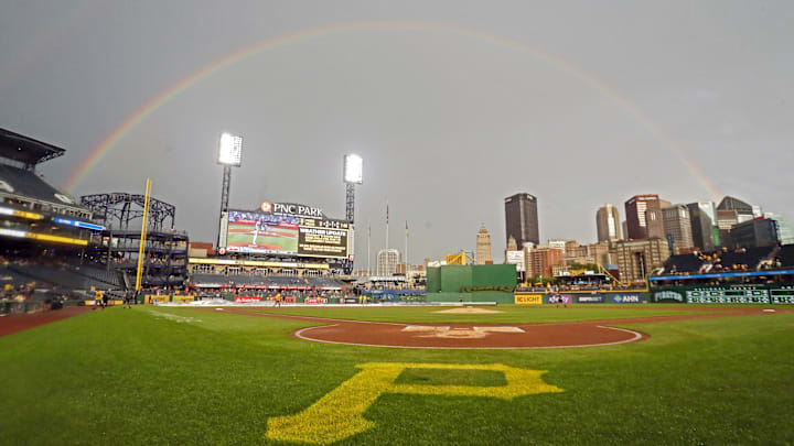 A rainbow forms over the ballpark after a weather-related delay during the second inning between the San Diego Padres and the Pittsburgh Pirates at PNC Park. 