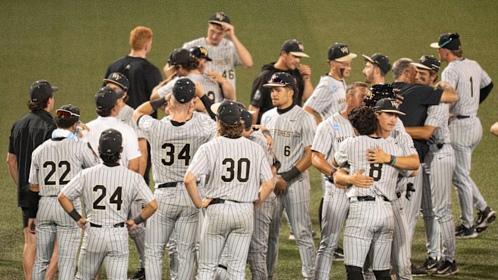 Wake Forest gather in the outfield after the loss to Tennessee in the NCAA college baseball Knoxville Regional final on June 2, 2025, in Knoxville, Tenn.