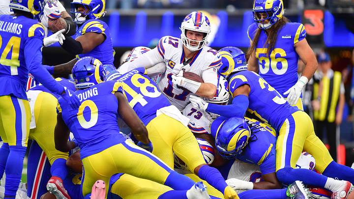Dec 8, 2024; Inglewood, California, USA; Buffalo Bills quarterback Josh Allen (17) scores a touchdown against the Los Angeles Rams during the first half at SoFi Stadium. Dec 8, 2024; Inglewood, California, USA; Buffalo Bills quarterback Josh Allen (17) scores a touchdown against the Los Angeles Rams during the first half at SoFi Stadium.