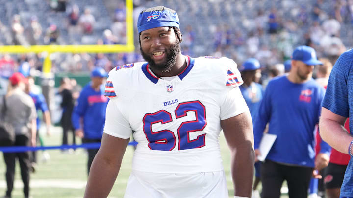 Sep 14, 2025; East Rutherford, New Jersey, USA;  Buffalo Bills center Sedrick Van Pran-Granger (62) after the game against the New York Jets at MetLife Stadium