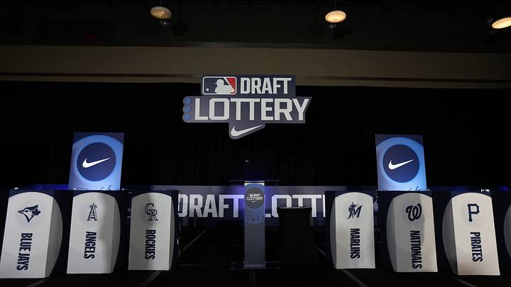 Dec 10, 2024; Dallas, TX, USA; A general view of the set of the MLB Draft Lottery at the Hilton Anatole during the 2024 MLB Winter Meetings. Mandatory Credit: Tim Heitman-Imagn Images Dec 10, 2024; Dallas, TX, USA; A general view of the set of the MLB Draft Lottery at the Hilton Anatole during the 2024 MLB Winter Meetings. Mandatory Credit: Tim Heitman-Imagn Images