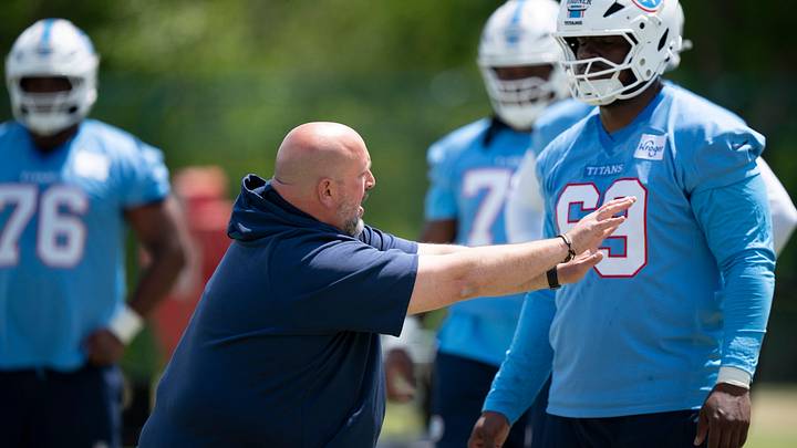 Tennessee Titans offensive line coach Carmen Bricillo works with Tennessee Titans tackle Aamil Wagner (69) during the Titans Rookie Camp Day 2 at Vanderbilt Health Football Center in Nashville, Tenn., Saturday, May 2, 2026. Tennessee Titans offensive line coach Carmen Bricillo works with Tennessee Titans tackle Aamil Wagner (69) during the Titans Rookie Camp Day 2 at Vanderbilt Health Football Center in Nashville, Tenn., Saturday, May 2, 2026.