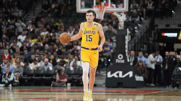 Nov 27, 2024; San Antonio, Texas, USA; Los Angeles Lakers guard Austin Reaves (15) dribbles in the second half against the San Antonio Spurs at Frost Bank Center. Mandatory Credit: Daniel Dunn-Imagn Images Nov 27, 2024; San Antonio, Texas, USA; Los Angeles Lakers guard Austin Reaves (15) dribbles in the second half against the San Antonio Spurs at Frost Bank Center. Mandatory Credit: Daniel Dunn-Imagn Images