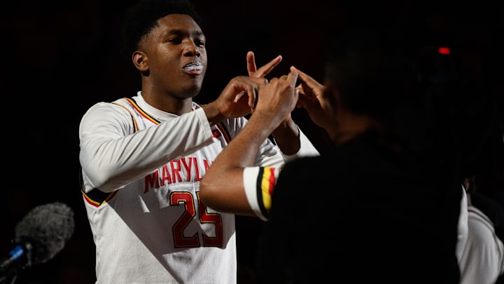 Feb 16, 2025; College Park, Maryland, USA; Maryland Terrapins center Derik Queen (25) reacts during introductions before the game against the Iowa Hawkeyes at Xfinity Center. Mandatory Credit: Reggie Hildred-Imagn Images