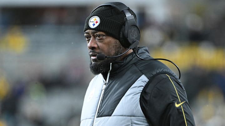 Jan 4, 2025; Pittsburgh, Pennsylvania, USA; Pittsburgh Steelers head coach Mike Tomlin looks on during the second quarter against the Cincinnati Bengals at Acrisure Stadium. Mandatory Credit: Barry Reeger-Imagn Images