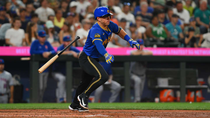 Seattle Mariners third baseman Dylan Moore runs during a game against the New York Mets on Aug. 9 at T-Mobile Park. Seattle Mariners third baseman Dylan Moore runs during a game against the New York Mets on Aug. 9 at T-Mobile Park.