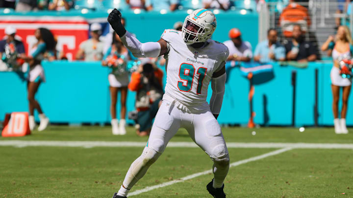 Miami Dolphins linebacker Emmanuel Ogbah (91) celebrates after sacking Jacksonville Jaguars quarterback Trevor Lawrence (not pictured) during the fourth quarter at Hard Rock Stadium.