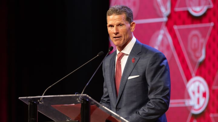 Jul 16, 2024; Dallas, TX, USA; Oklahoma head coach Brent Venables speaking at Omni Dallas Hotel