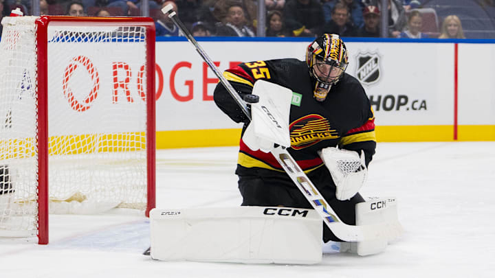 Feb 15, 2024; Vancouver, British Columbia, CAN; Vancouver Canucks goalie Thatcher Demko (35) makes a save against the Detroit Red Wings in the second period at Rogers Arena. Mandatory Credit: Bob Frid-Imagn Images Feb 15, 2024; Vancouver, British Columbia, CAN; Vancouver Canucks goalie Thatcher Demko (35) makes a save against the Detroit Red Wings in the second period at Rogers Arena. Mandatory Credit: Bob Frid-Imagn Images